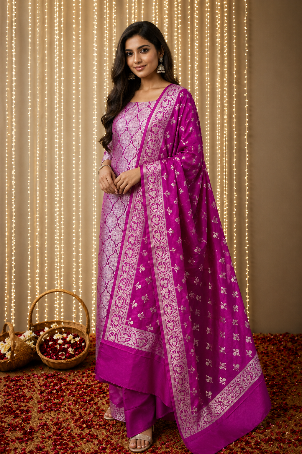 Premium Banarasi Unstiched Kurti Set – Rani Pink