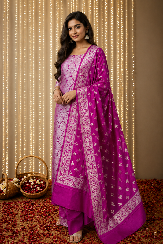 Premium Banarasi Unstiched Kurti Set – Rani Pink