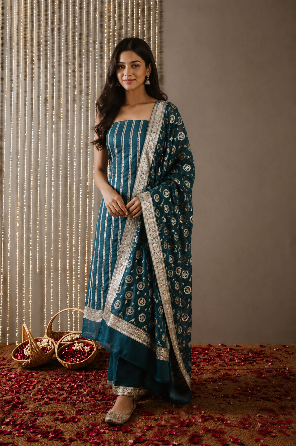 Premium Banarasi Unstiched Kurti Set – Peacock Blue