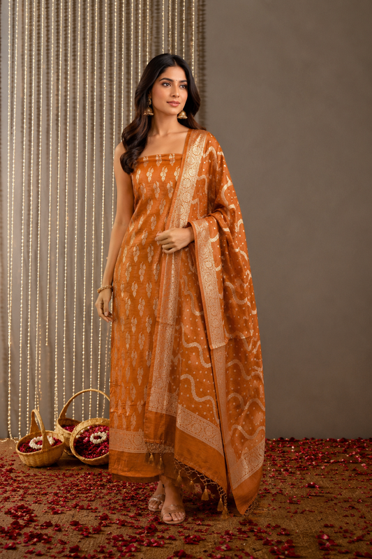 Premium Banarasi Unstichd Kurti Set – Mustard Gold