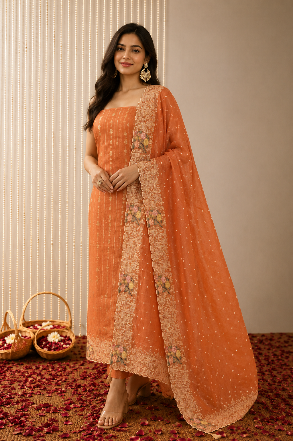 Peach Blossom Embroidered Banarasi Unstitched Suit Set