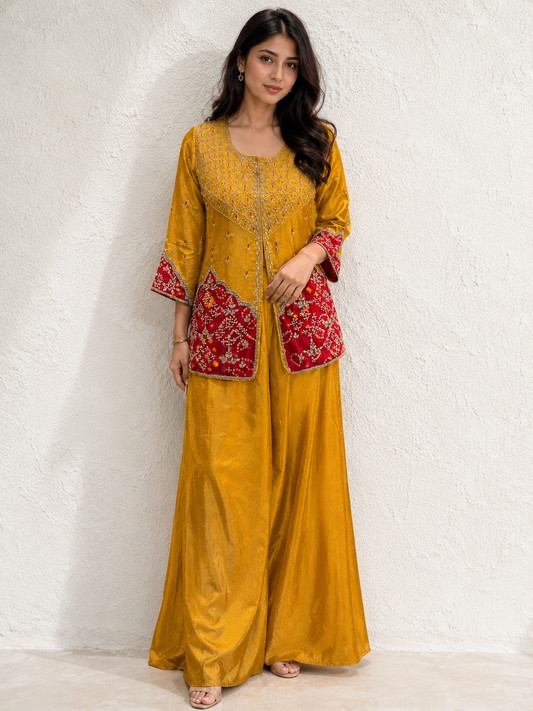 Mustard Yellow Hand-Embroidered Silk Kurta Set