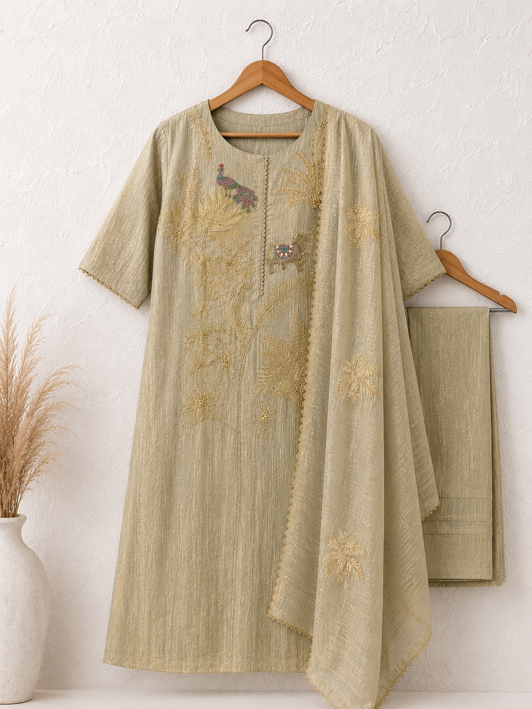 Peacock Meadow Embroidered Sage Green Unstiched Kurti Set