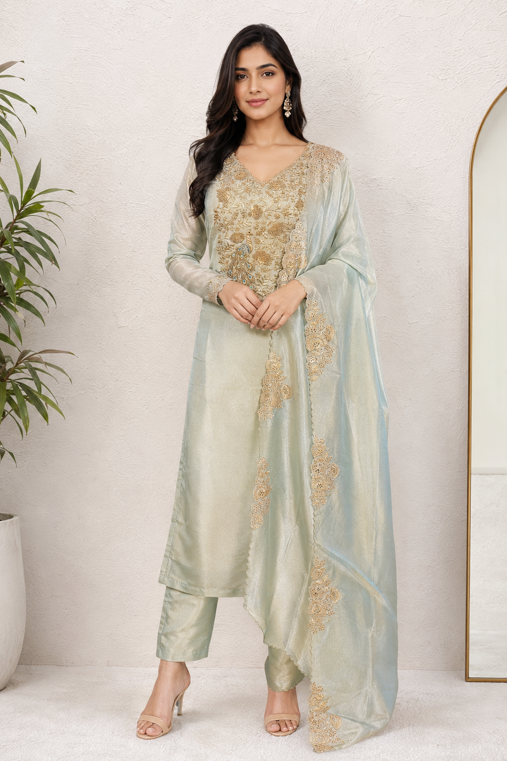 Celeste Peacock Zardozi Silk Unstiched Kurta Set
