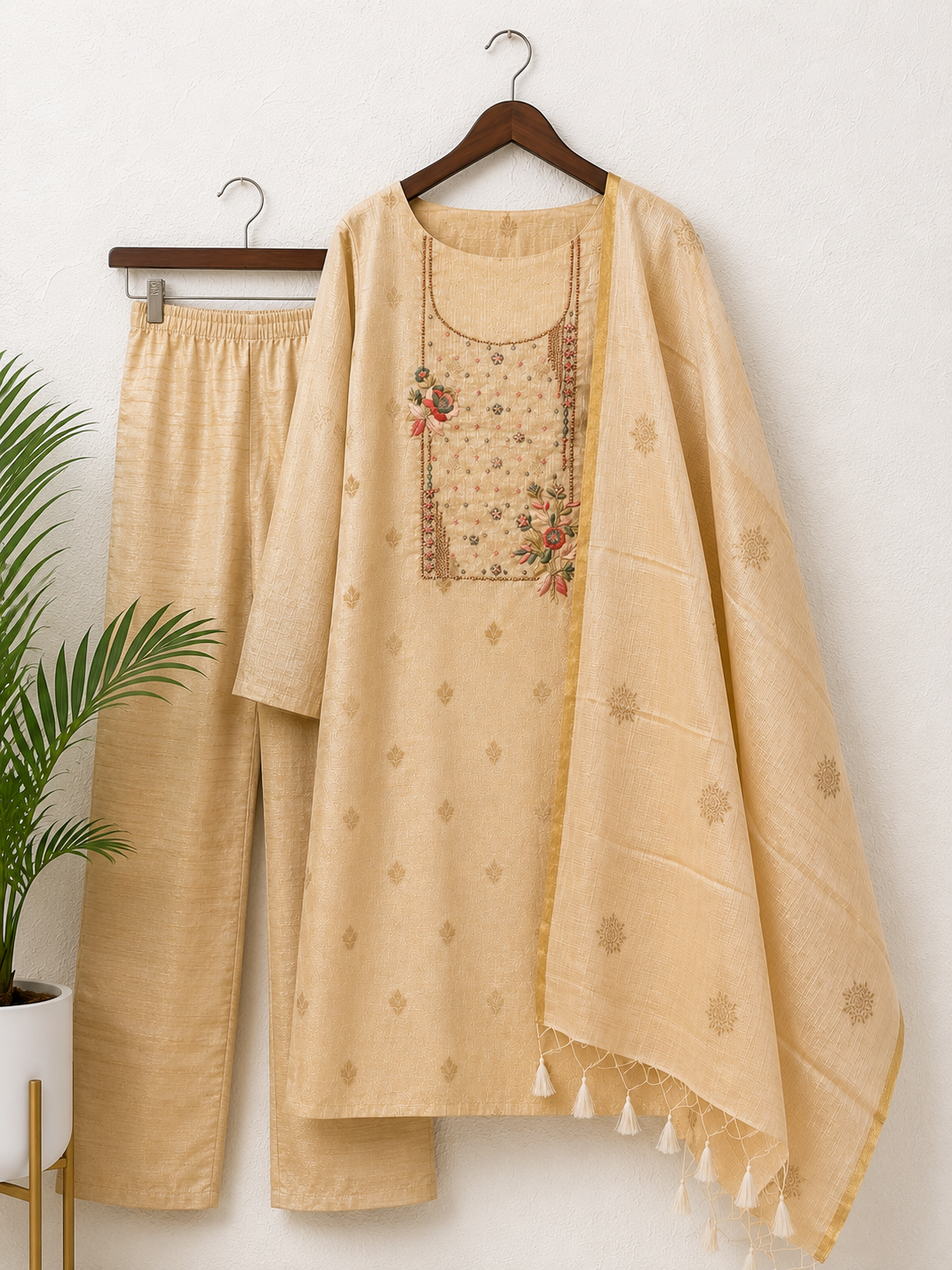 Ivory Bloom Embroidered Silk  Unstiched Kurta Set