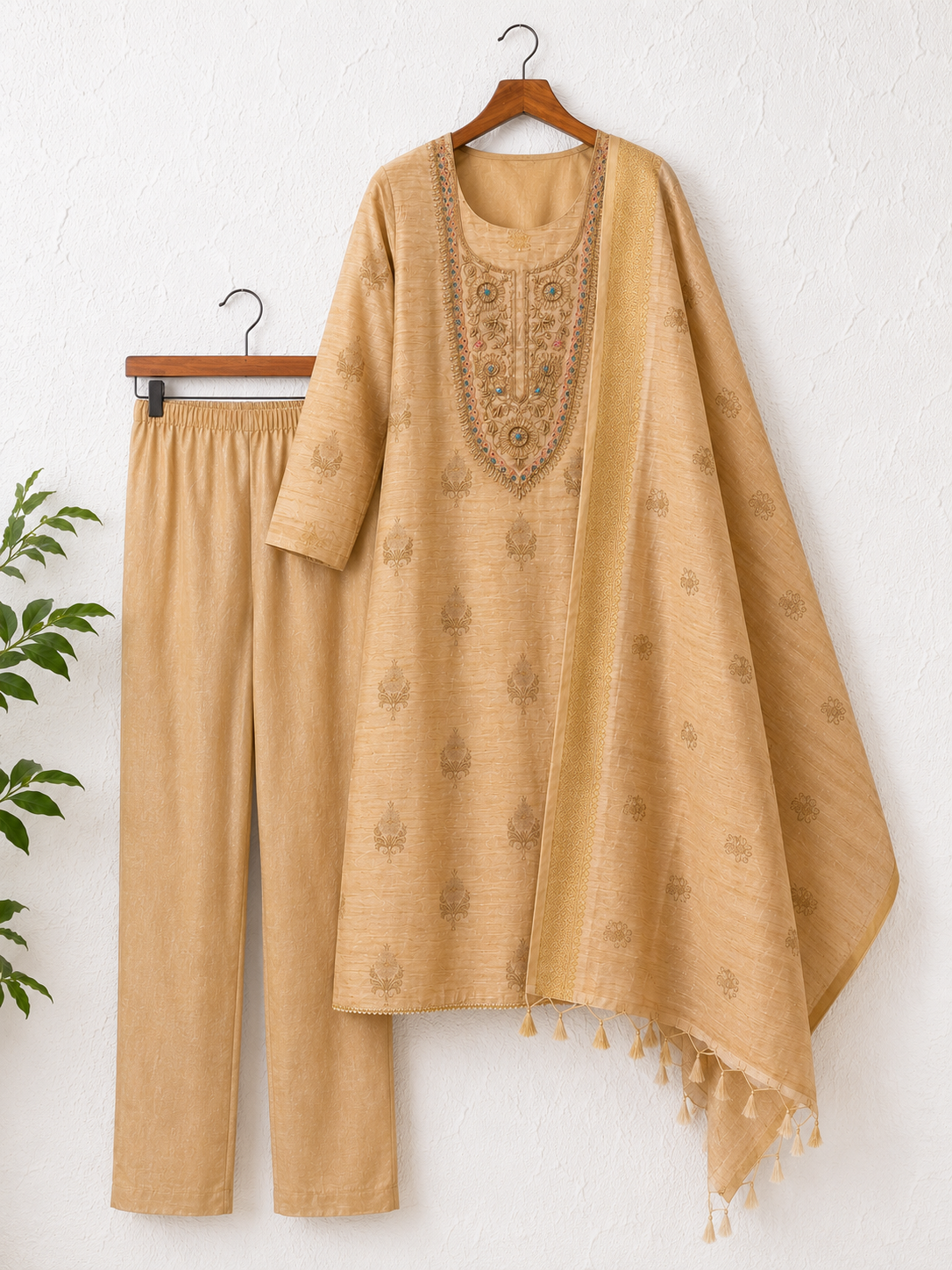 Royal Champagne Handcrafted Silk Unstiched Kurta Set with Woven Dupatta