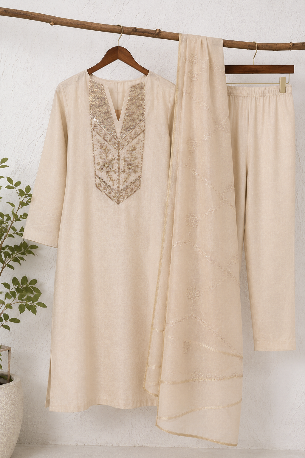Ivory Noor Hand-Embroidered Premium Unstiched Kurti Set
