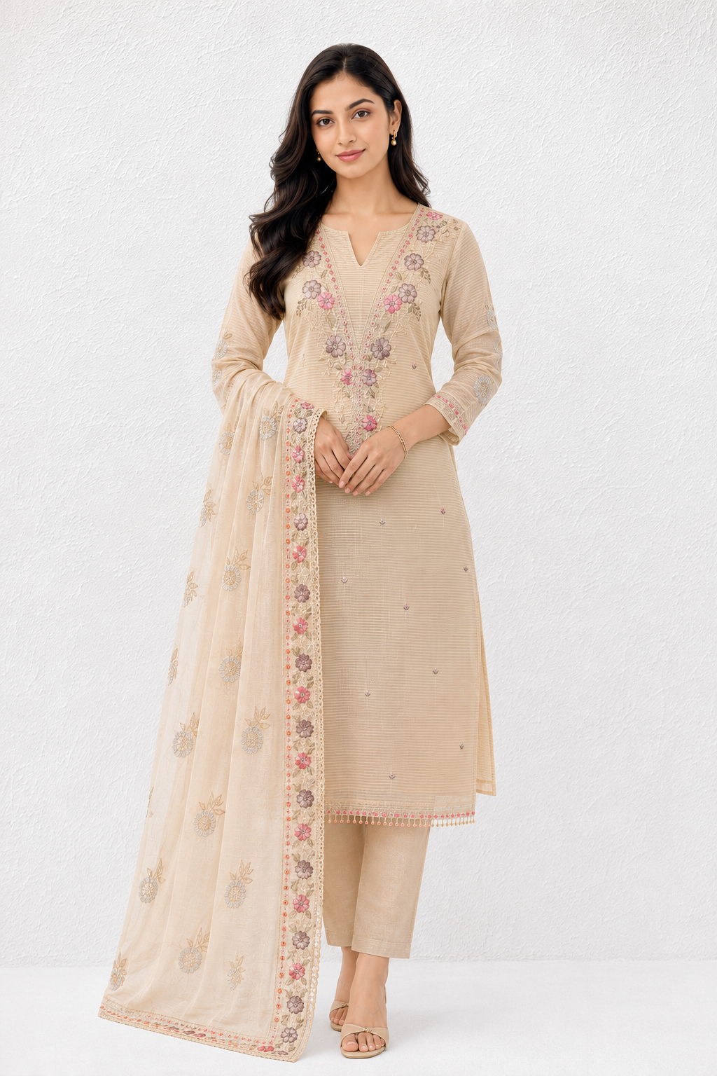 Ivory Bloom Embroidered Unstiched Kurti Set