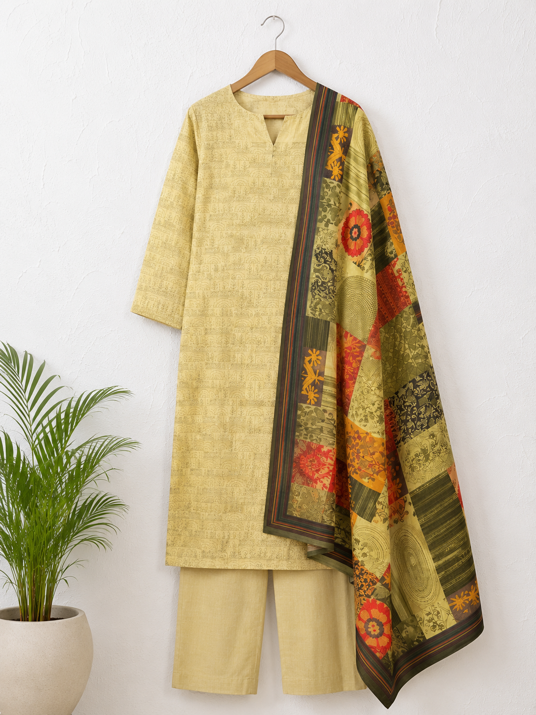 Olive Meadow Printed Unstiched Kurti Set with Artistic Patchwork Dupatta