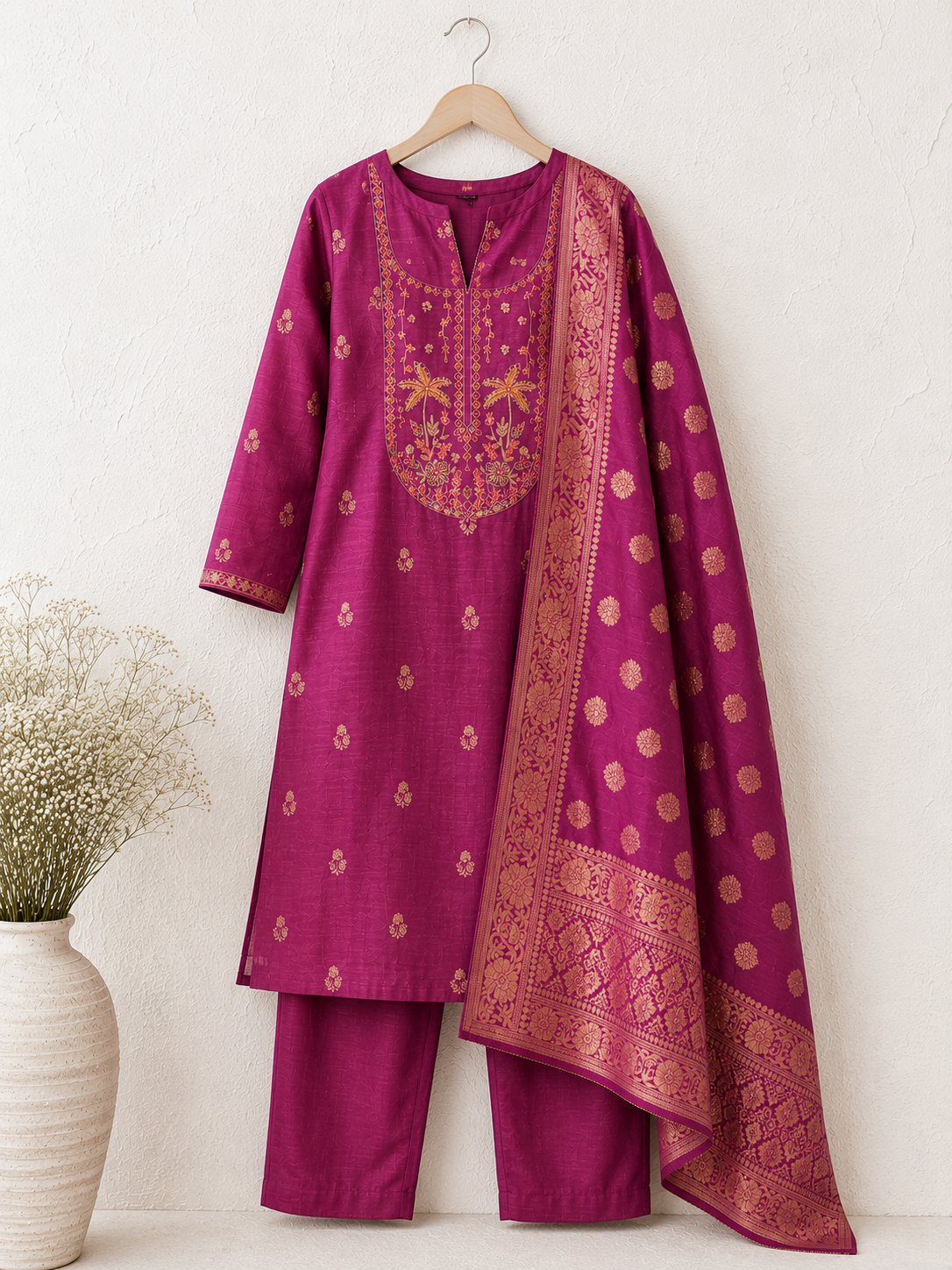 Royal Magenta Embroidered Banarasi Silk Unstiched Suit Set