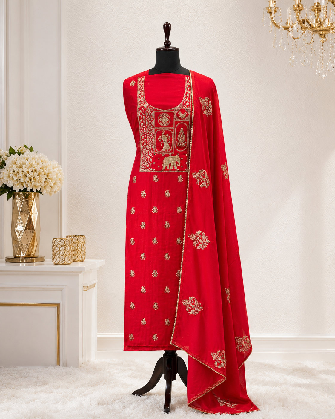 Rangmahal Heritage Red Embroidered Unstiched Kurti Set