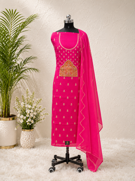 Rani Pink Heritage Embroidered Unstiched Kurti Set with Dupatta