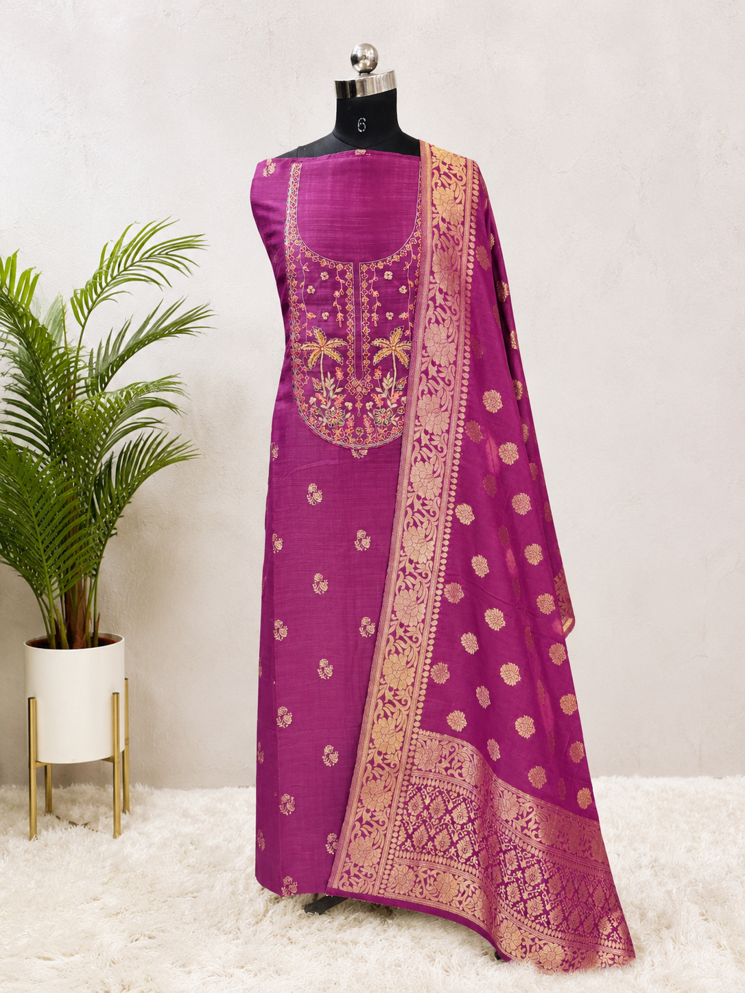 Royal Magenta Embroidered Banarasi Silk Unstiched Suit Set