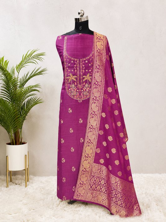 Royal Magenta Embroidered Banarasi Silk Unstiched Suit Set