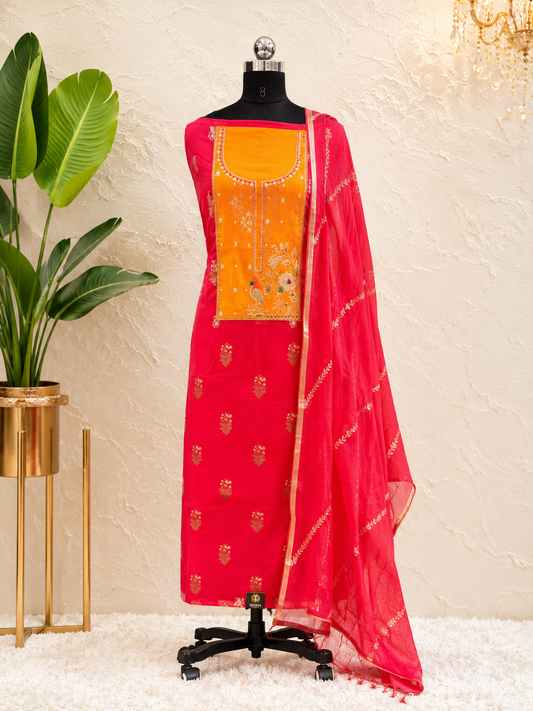 Gulnaar Bird Embroidered Cotton Unstiched Kurta Set with Kota Doria Dupatta