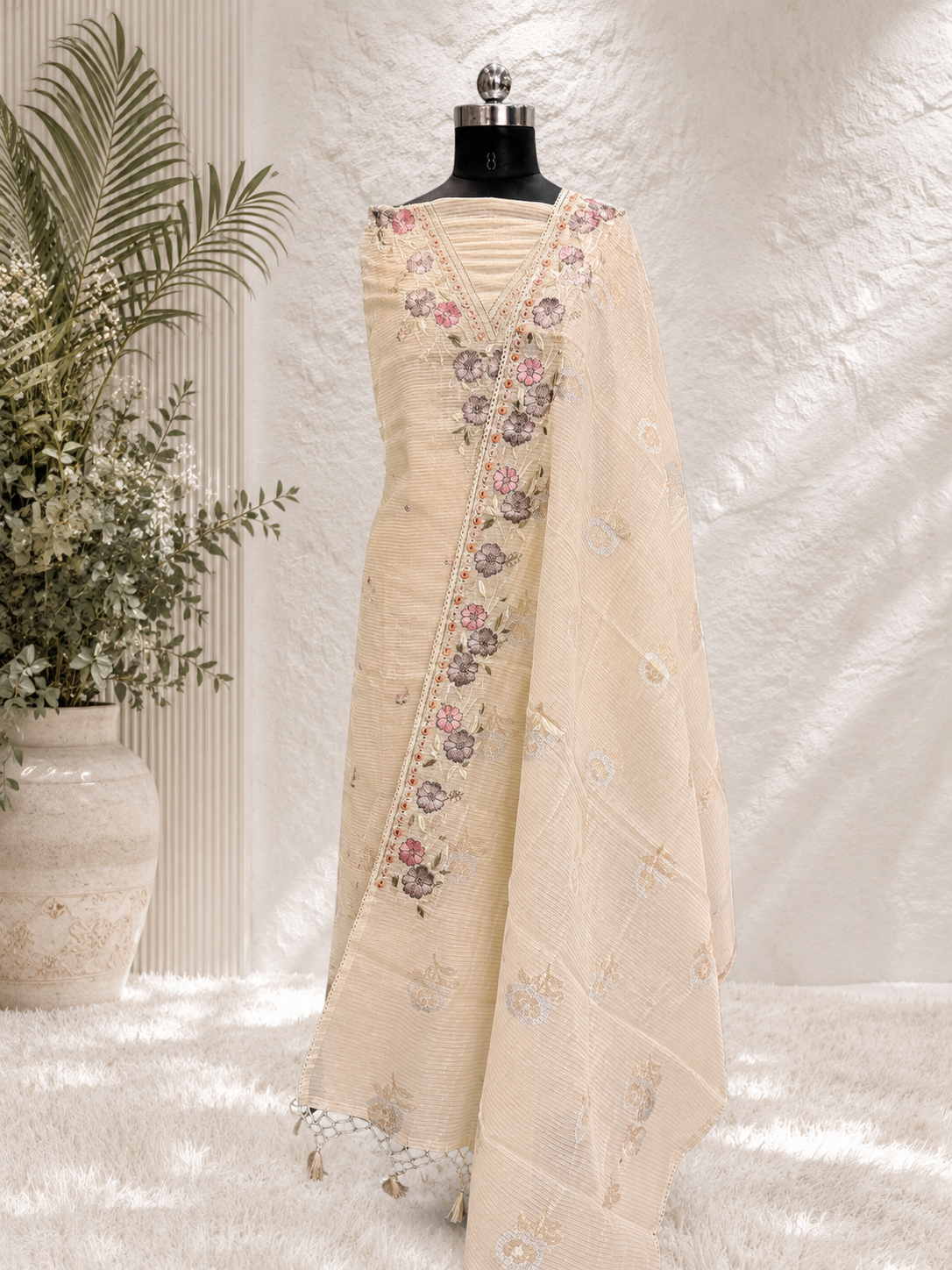 Ivory Bloom Embroidered Unstiched Kurti Set