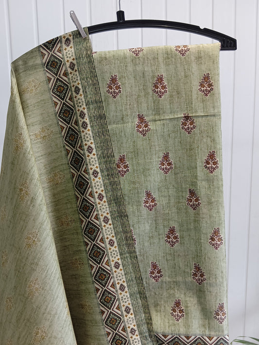 2.P Sage Green Floral Printed Cotton Unstitched Kurta Set