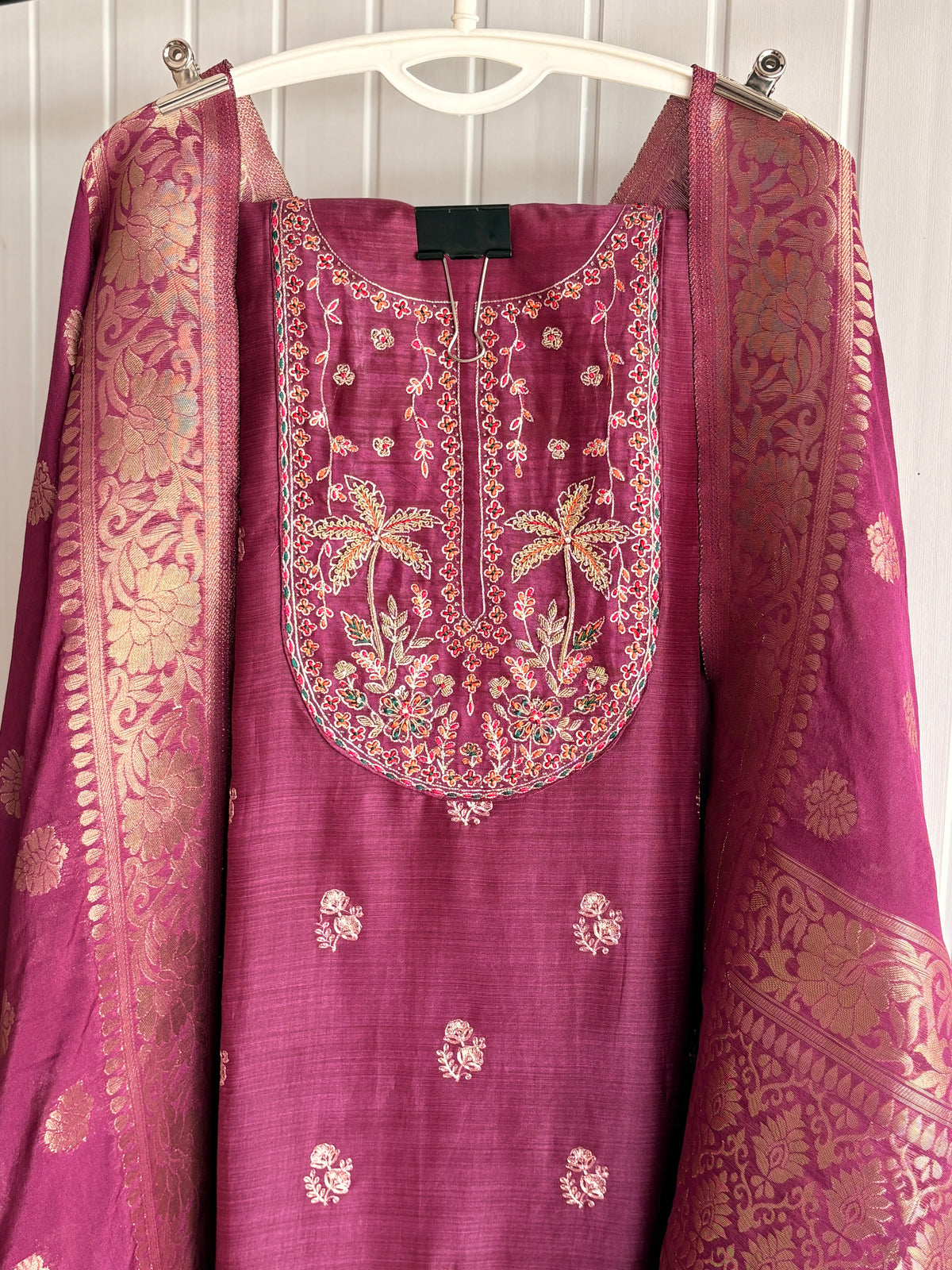 Royal Magenta Embroidered Banarasi Silk Unstiched Suit Set