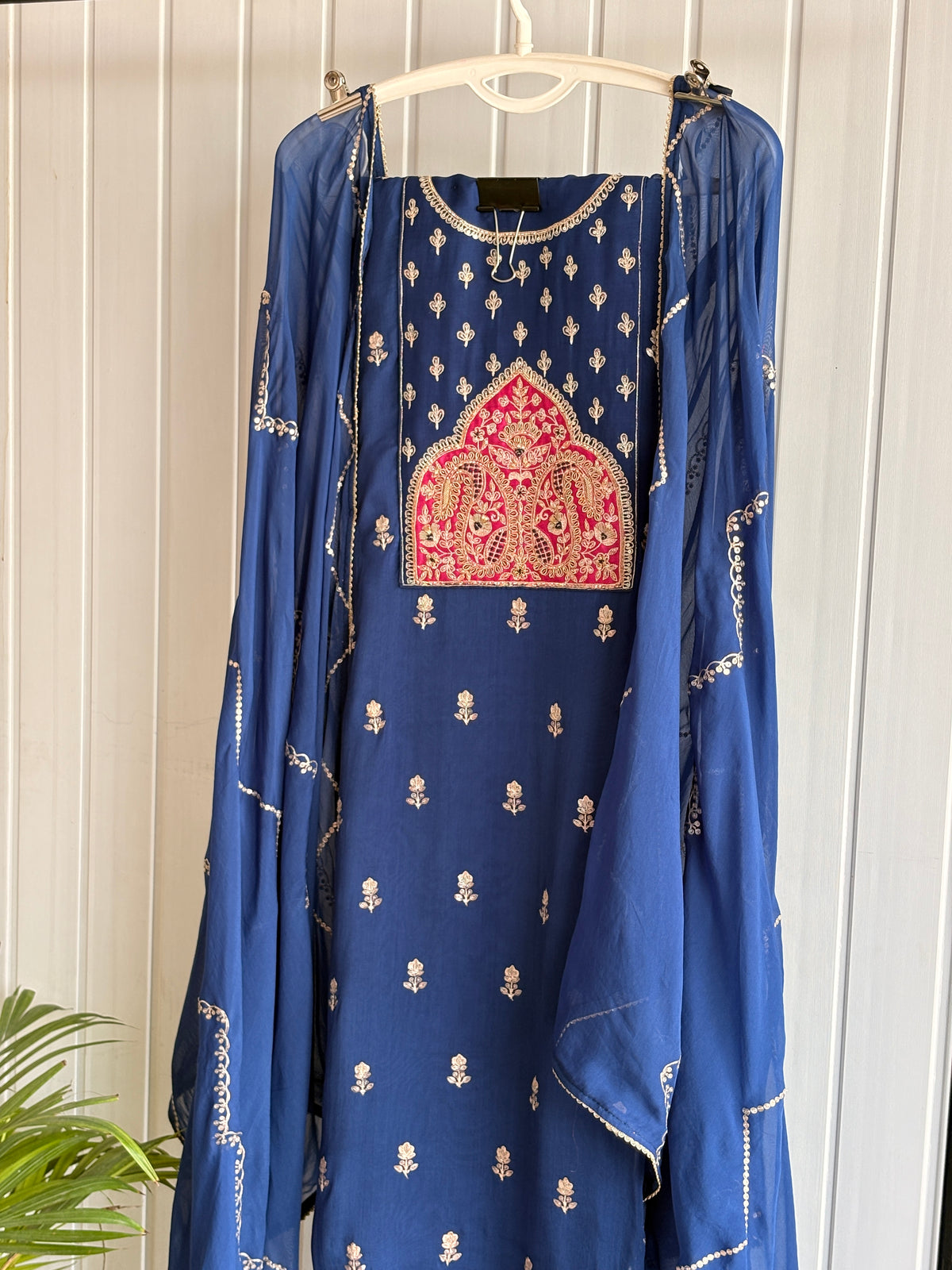 Royal Blue Hand-Embroidered Unstiched Kurti Set with Embellished Dupatta