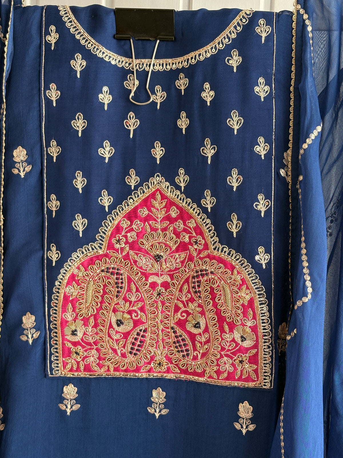 Royal Blue Hand-Embroidered Unstiched Kurti Set with Embellished Dupatta