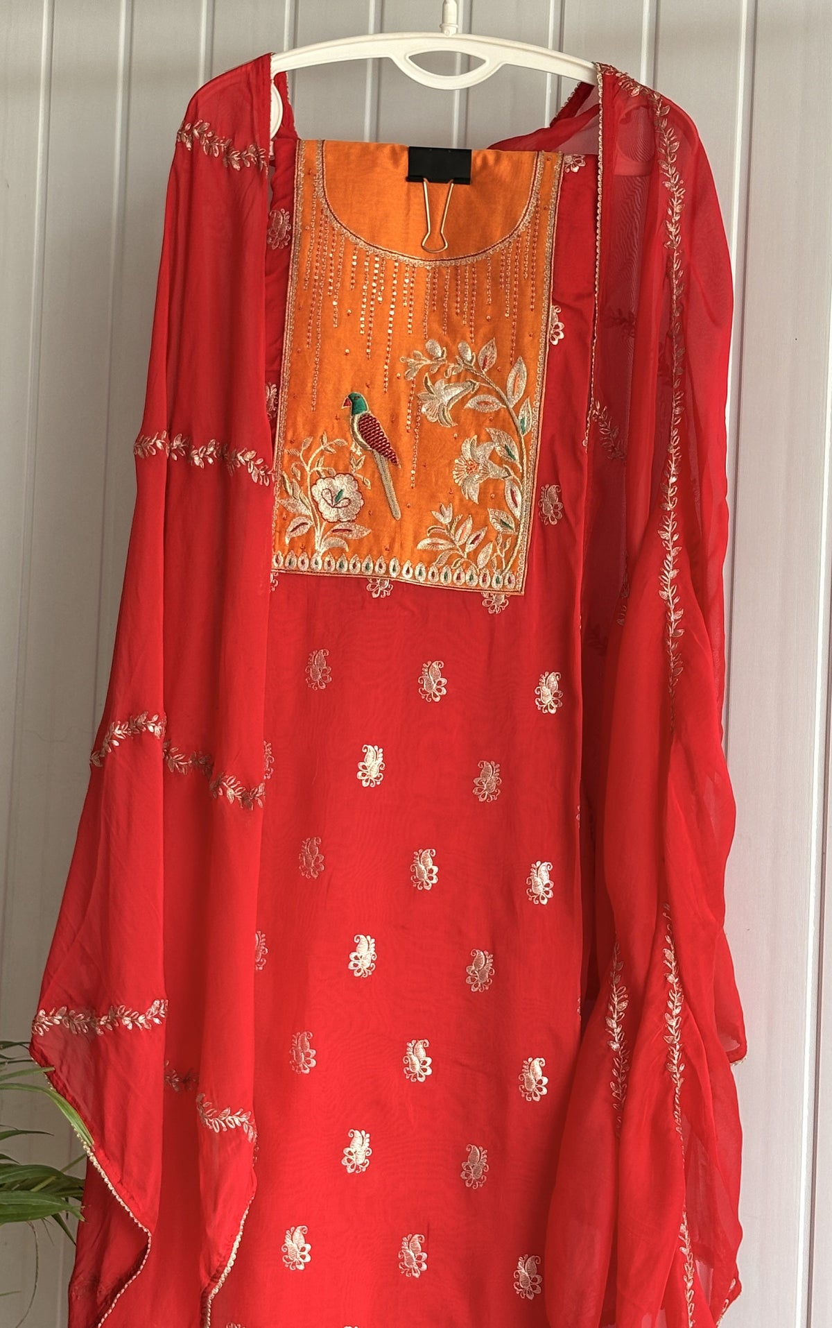 Gulnaar Bird Embroidered Cotton Unstiched Kurta Set with Kota Doria Dupatta