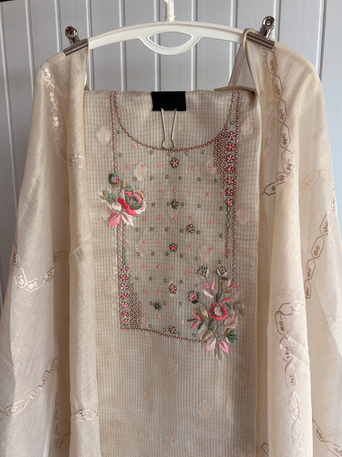 Ivory Bloom Embroidered Silk  Unstiched Kurta Set