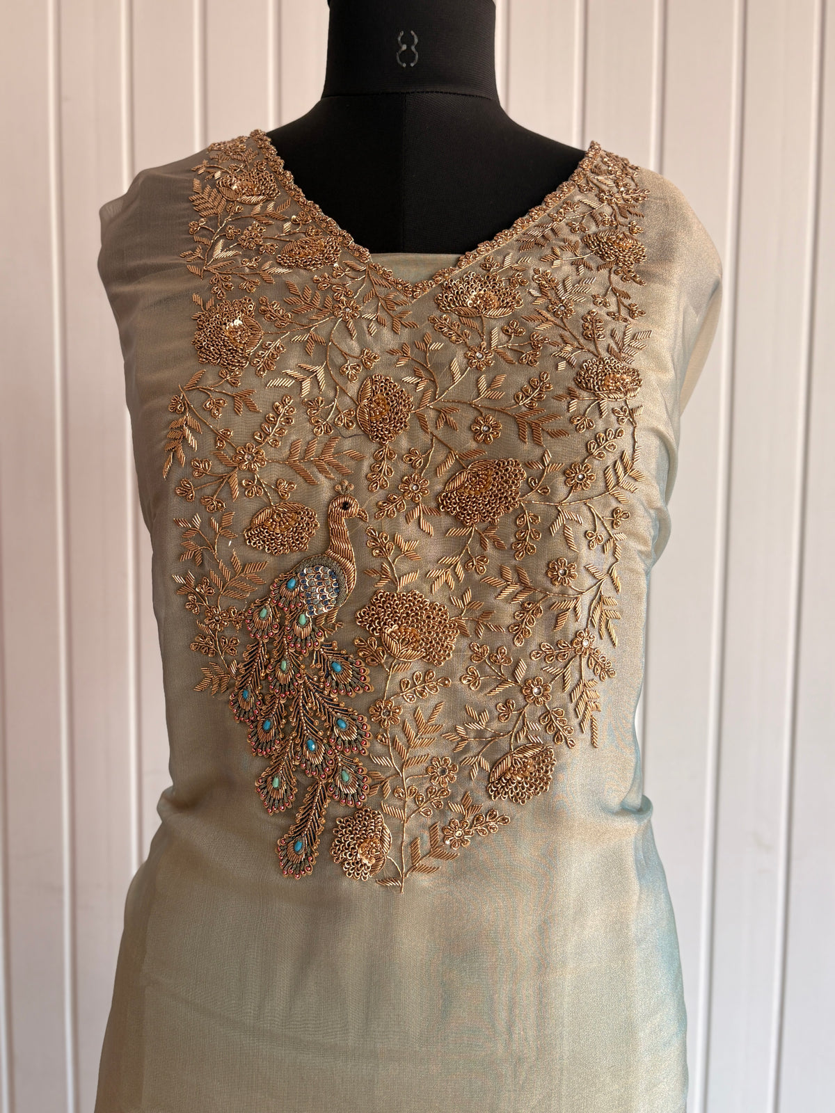 Celeste Peacock Zardozi Silk Unstiched Kurta Set