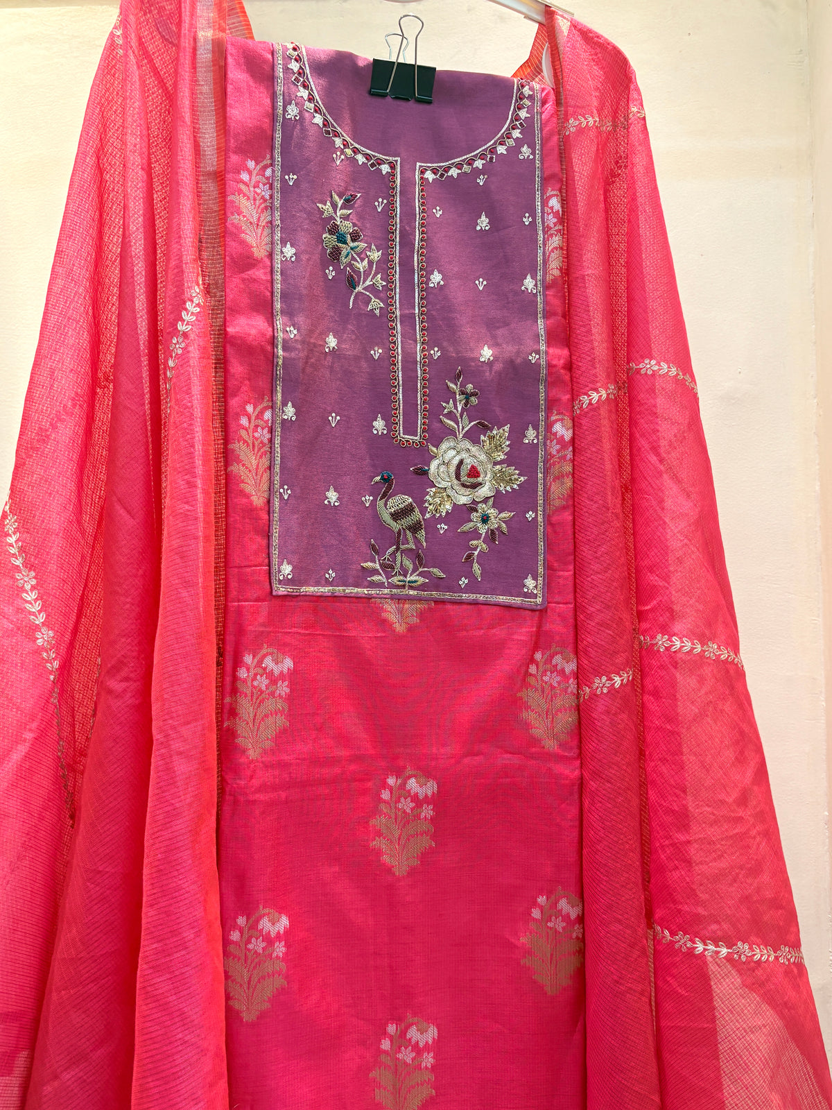 Gulnaar Pink Embroidered Unstiched Kurta Set