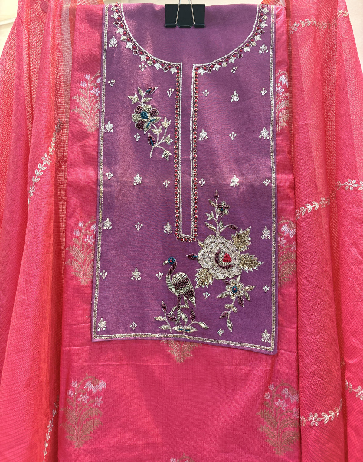 Gulnaar Pink Embroidered Unstiched Kurta Set