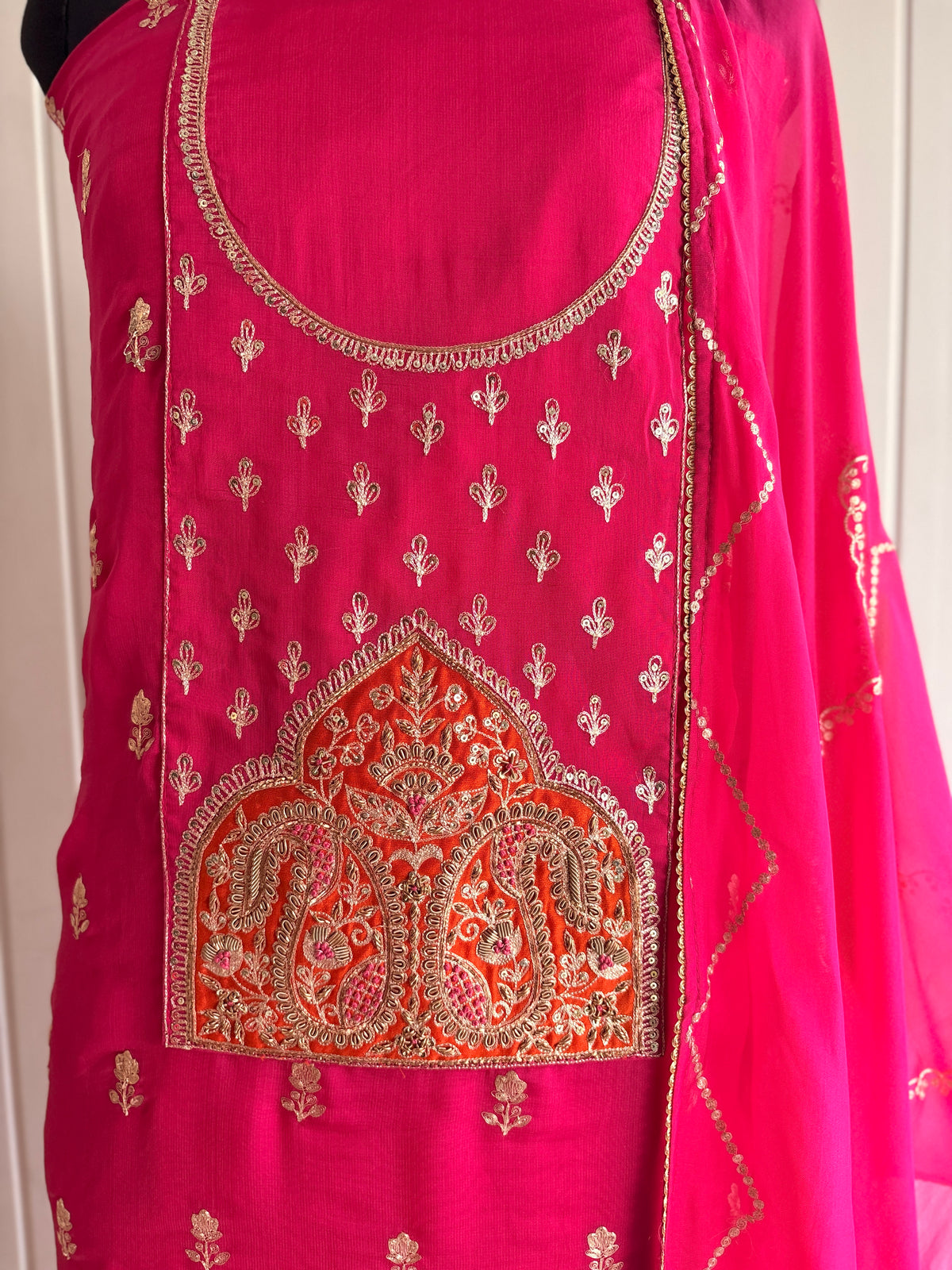 Rani Pink Heritage Embroidered Unstiched Kurti Set with Dupatta