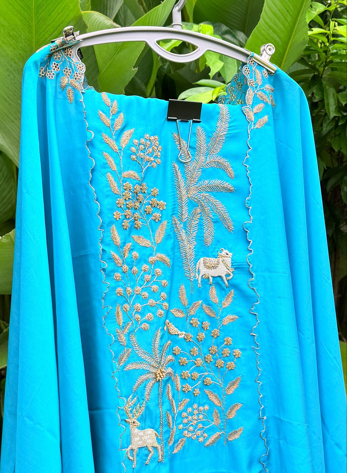Turquoise Blue Embroidered Animal Motif Unstitched Suit Set