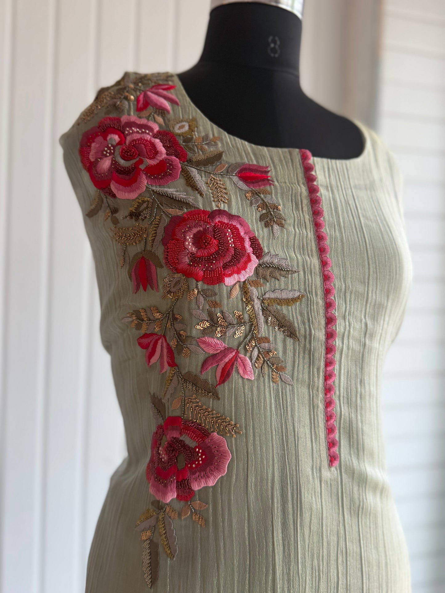 Sage Blossom Embroidered Unstiched Kurta Set with Floral Dupatta