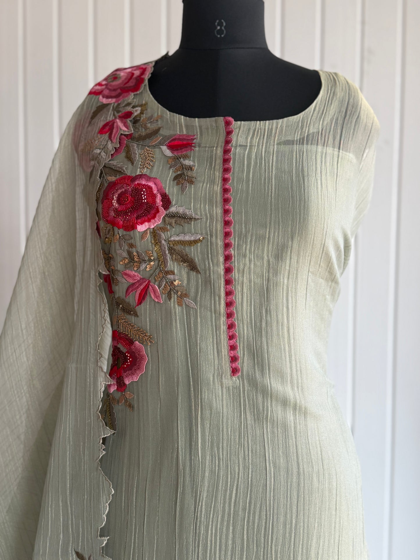 Sage Blossom Embroidered Unstiched Kurta Set with Floral Dupatta