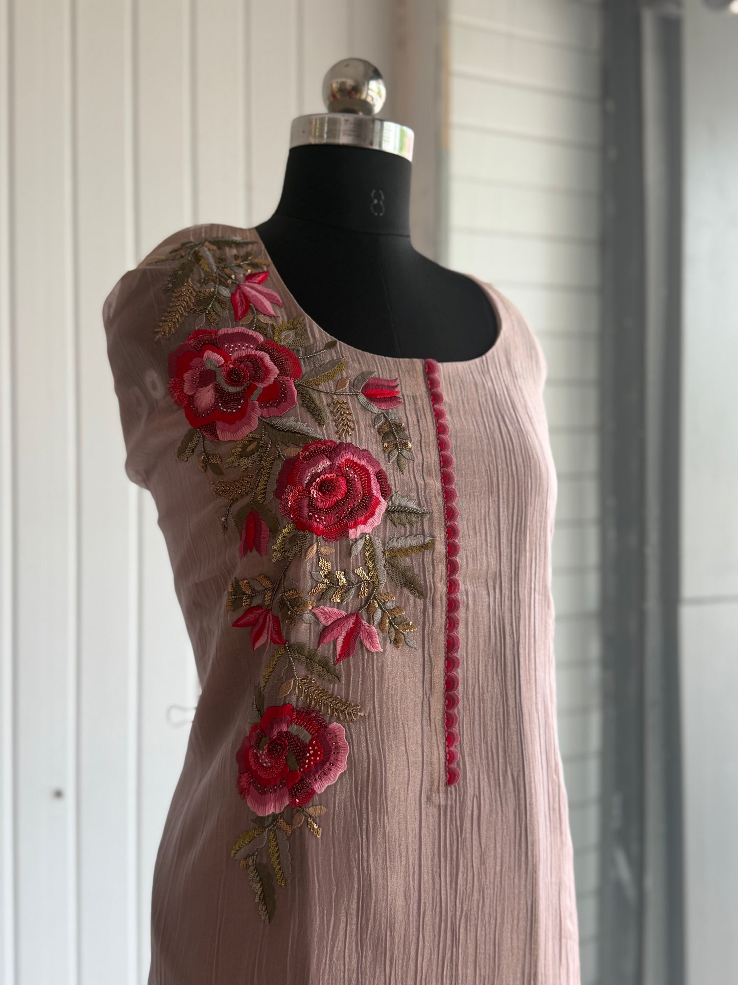 Blush Bloom Embroidered Unstiched Kurta Set with Floral Dupatta