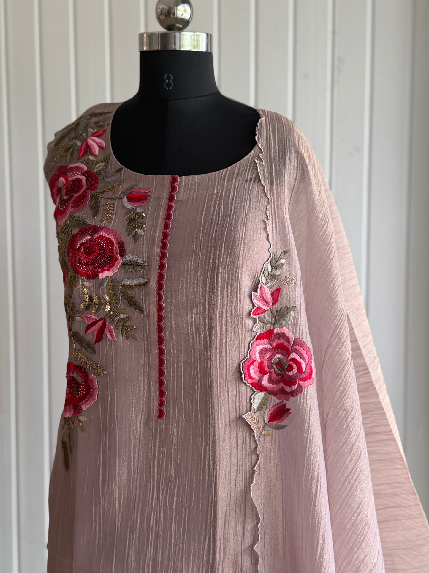 Blush Bloom Embroidered Unstiched Kurta Set with Floral Dupatta