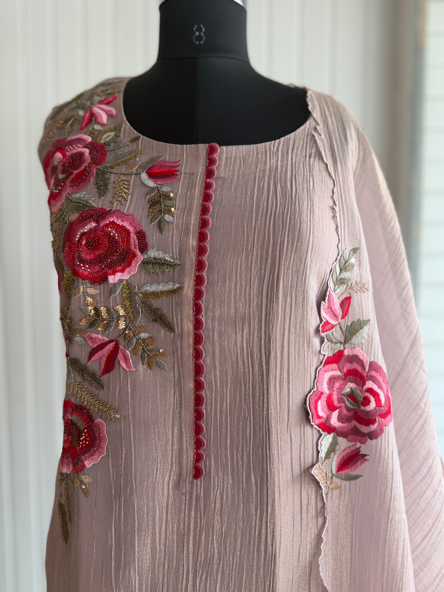 Blush Bloom Embroidered Unstiched Kurta Set with Floral Dupatta