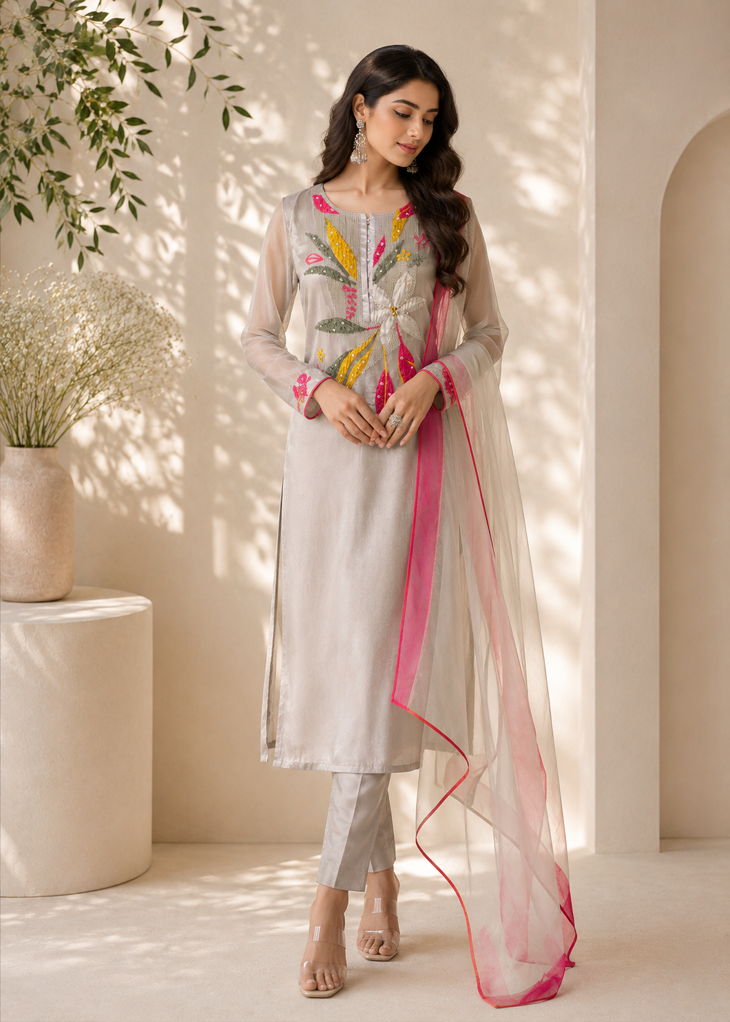 Silver Mist Floral Embroidered Suit Piece