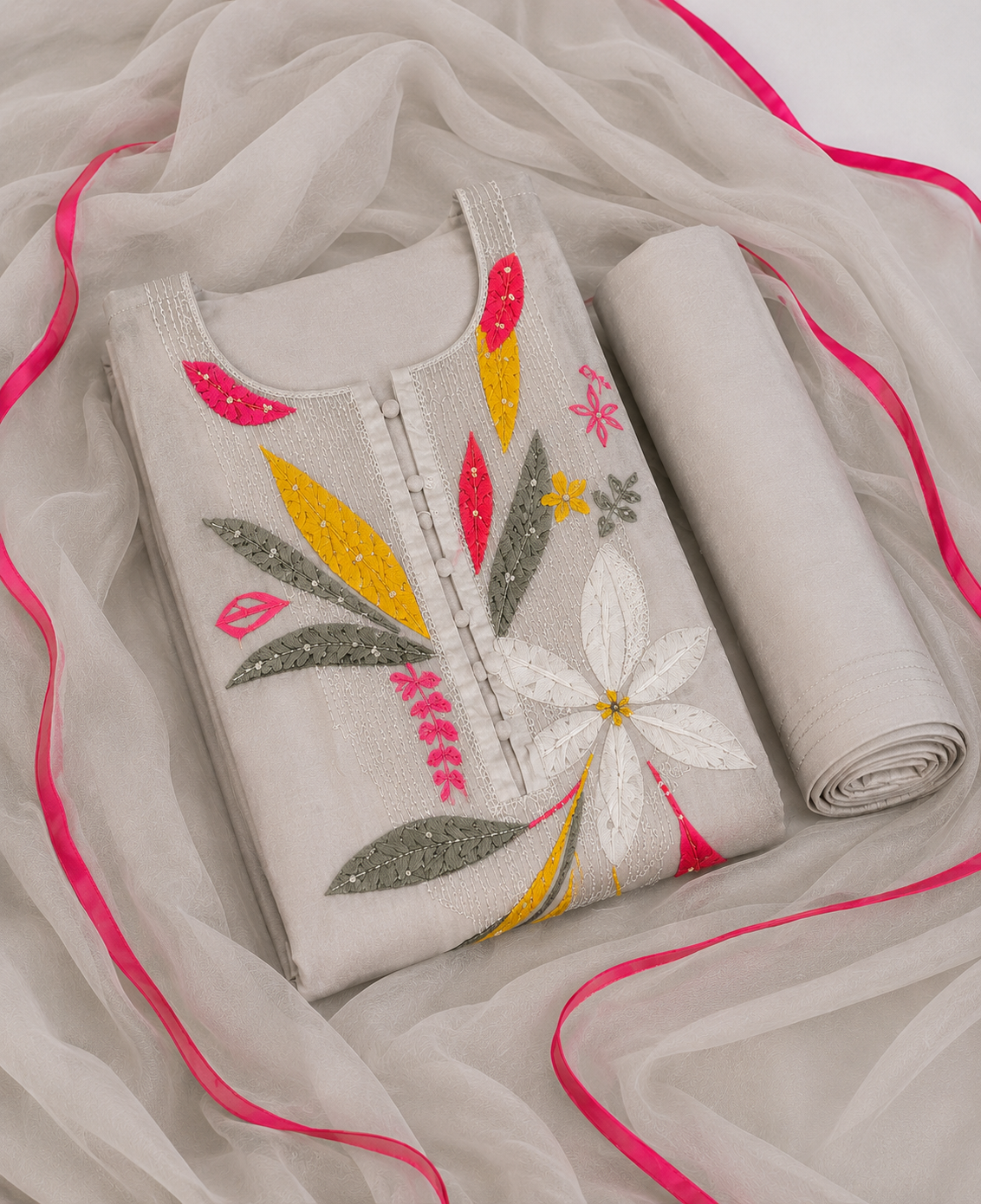Silver Mist Floral Embroidered Suit Piece