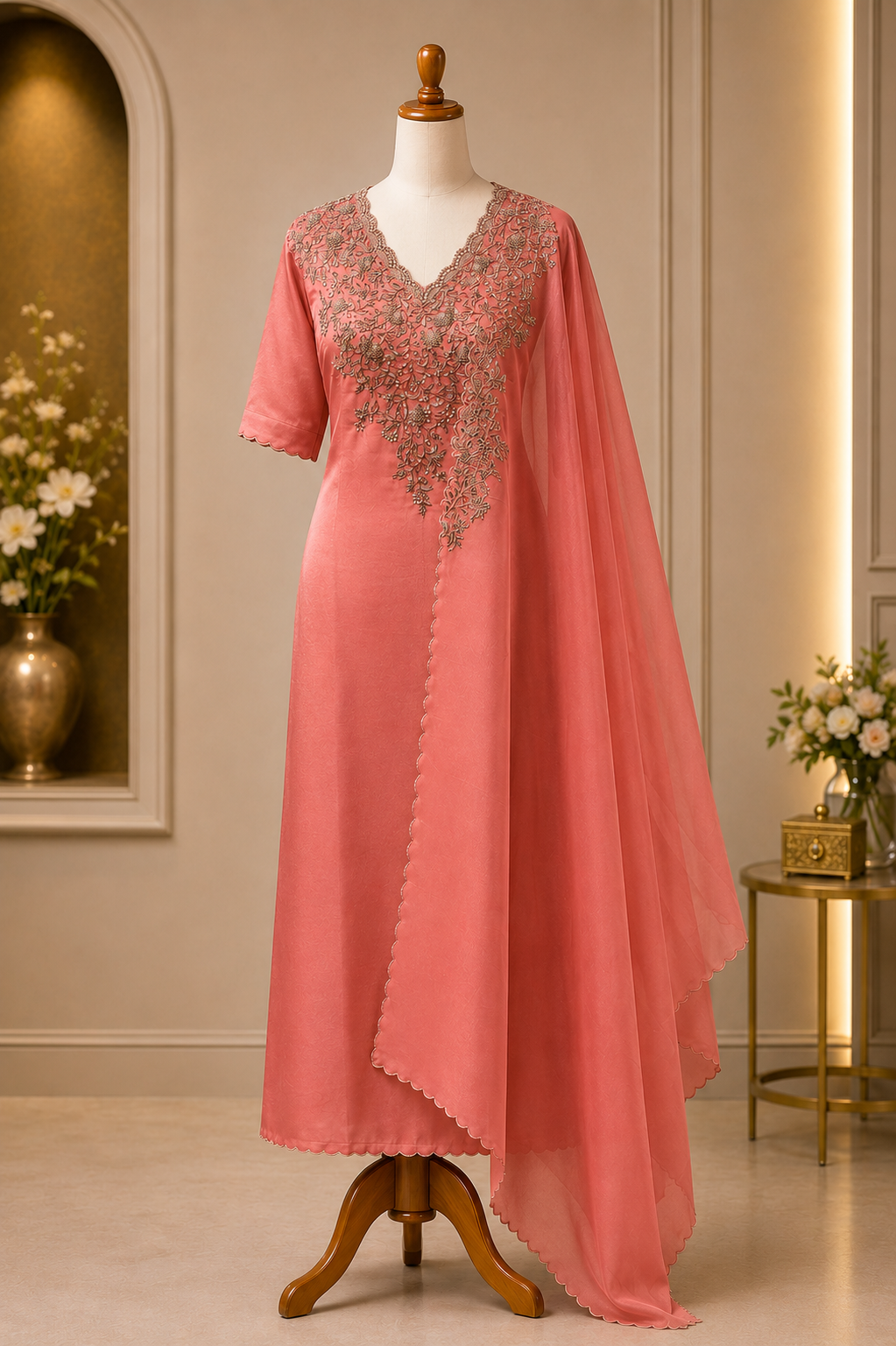Coral Blossom Embroidered Suit Piece