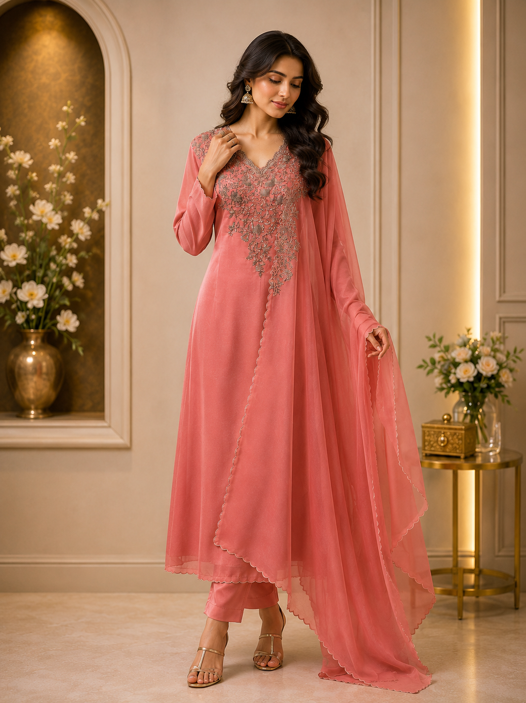 Coral Blossom Embroidered Suit Piece