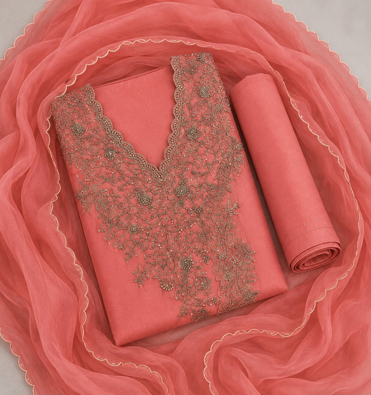 Coral Blossom Embroidered Suit Piece