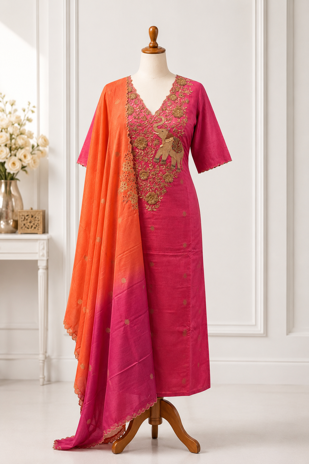 Royal Fuchsia Elephant Embroidered Suit Piece