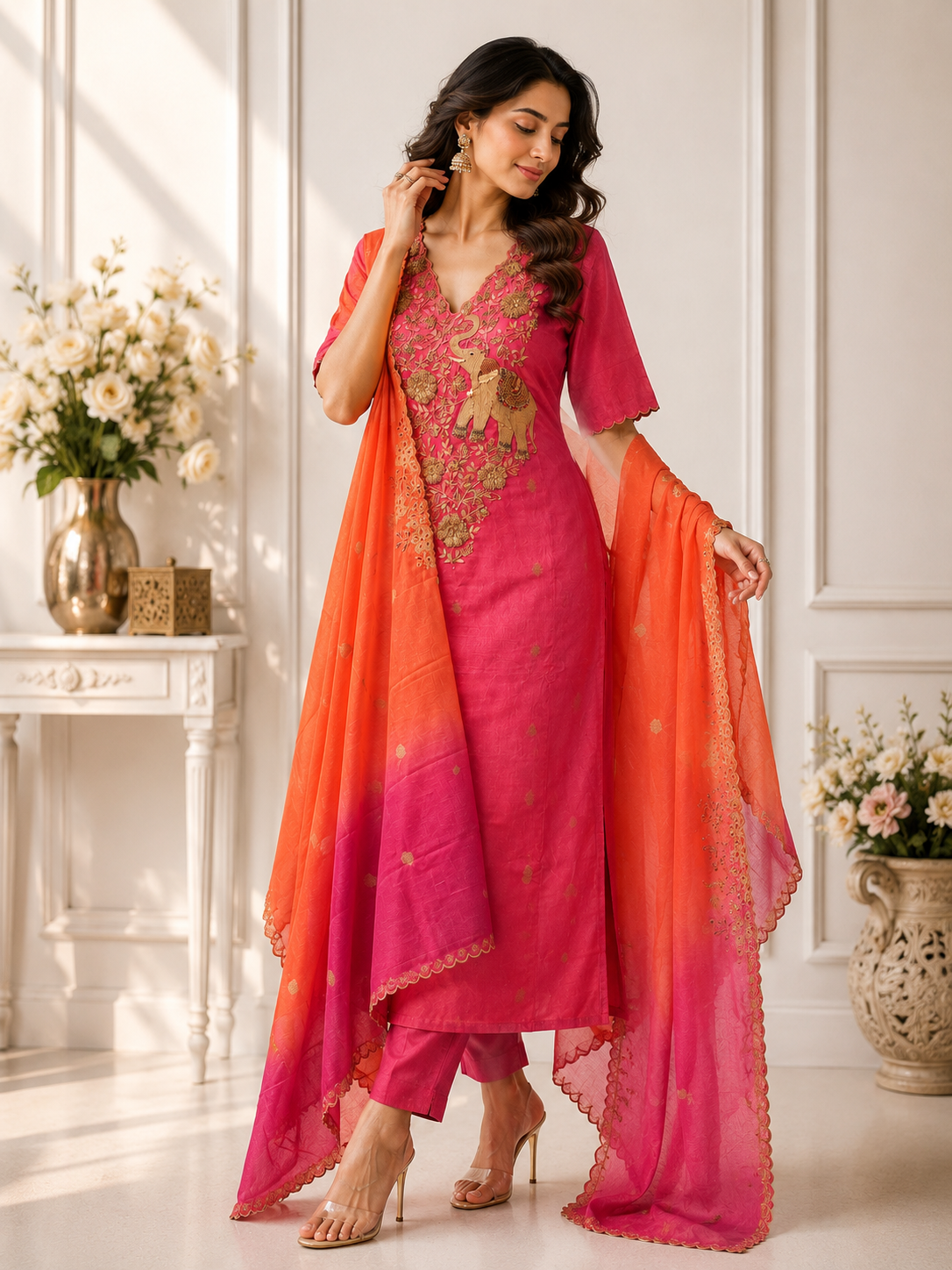 Royal Fuchsia Elephant Embroidered Suit Piece