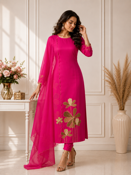 Fuchsia Bloom Embroidered Suit Piece