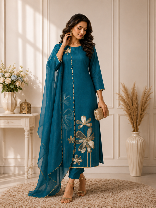 Peacock Blue Embroidered Suit Piece
