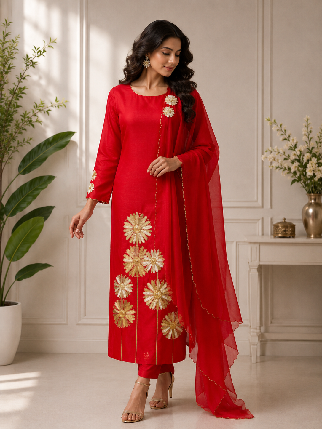 Cherry Red  Embroidered Suit Piece
