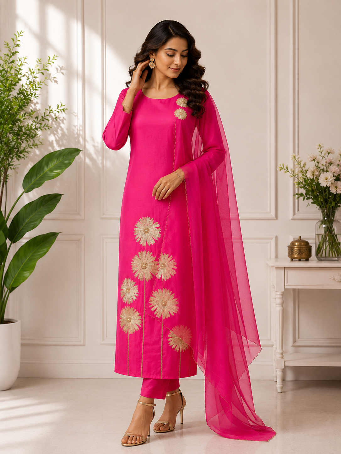 Hot Pink Embroidered Suit Piece