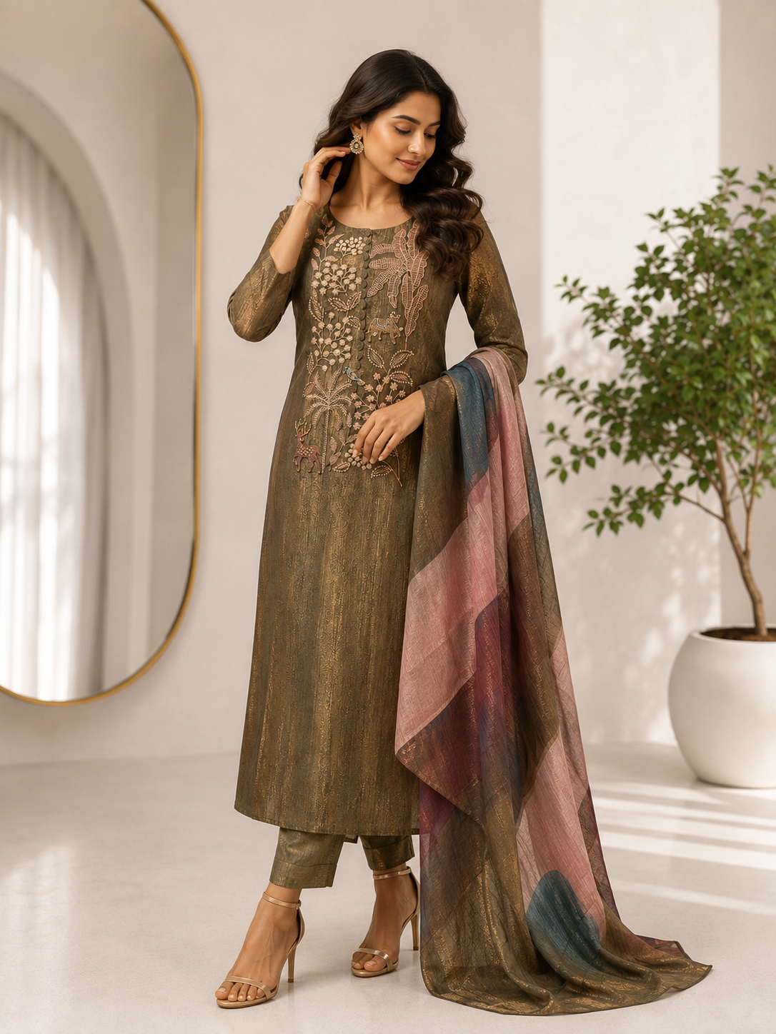 Olive Green Straight Suit Set