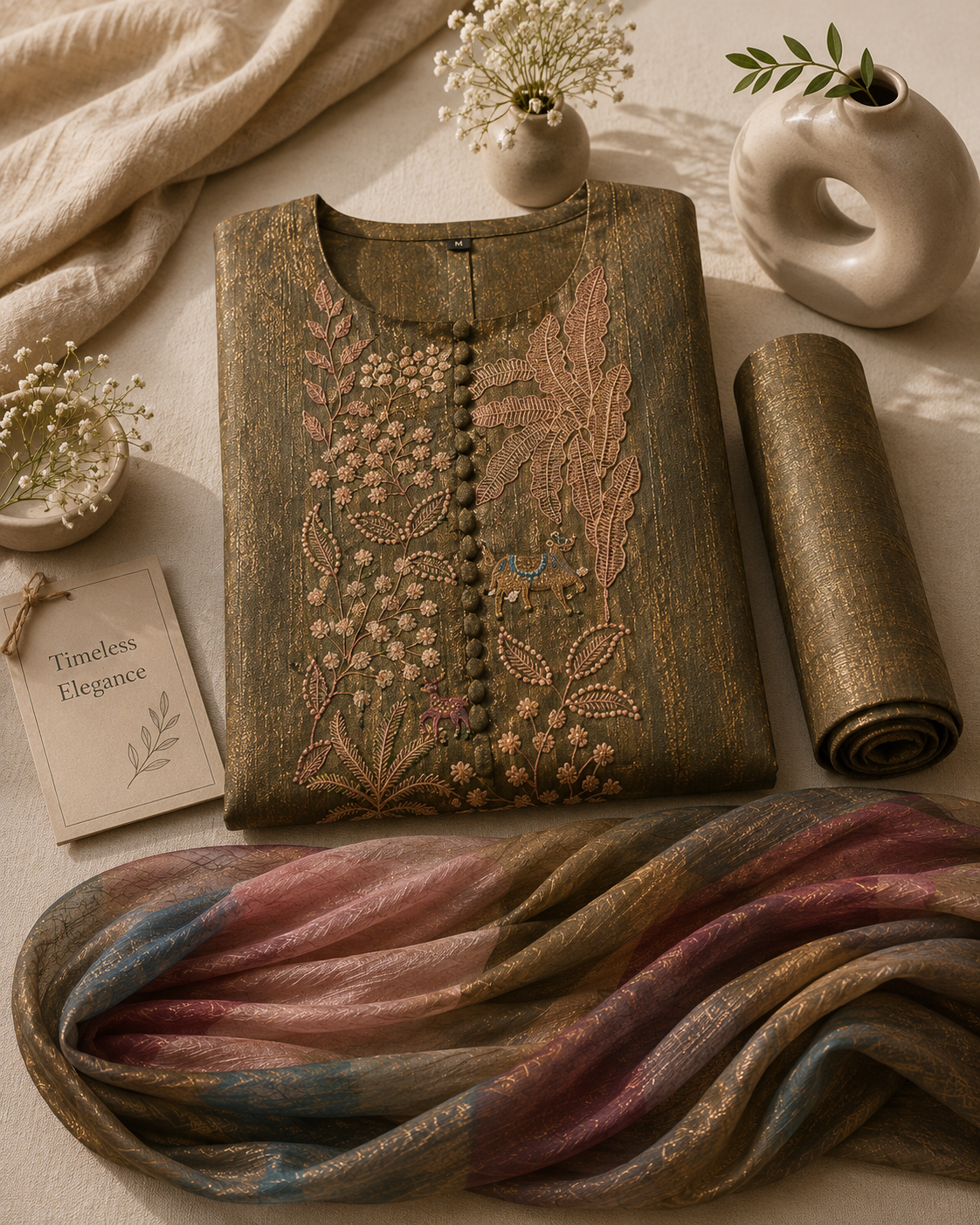 Olive Green Straight Suit Set