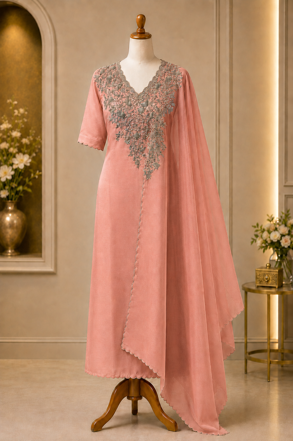 Coral Blossom Embroidered Suit Piece